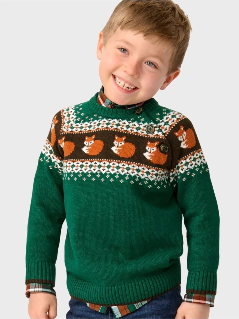 Gymboree Green Crewneck Sweater with Orange Fox Fair Isle